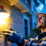 A photograph of a lighting contractor installing a new outdoor light sensor on a residential property