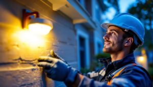 A photograph of a lighting contractor installing a new outdoor light sensor on a residential property