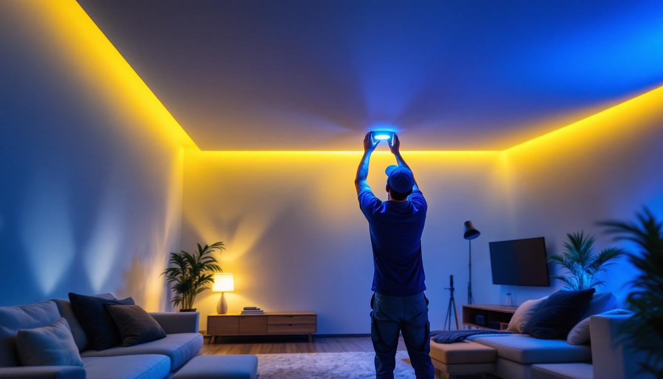 A photograph of a lighting contractor installing motion sensor ceiling lights in a modern residential setting