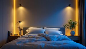 A photograph of a well-designed bedroom featuring sleek recessed lighting that highlights the room's aesthetics and functionality