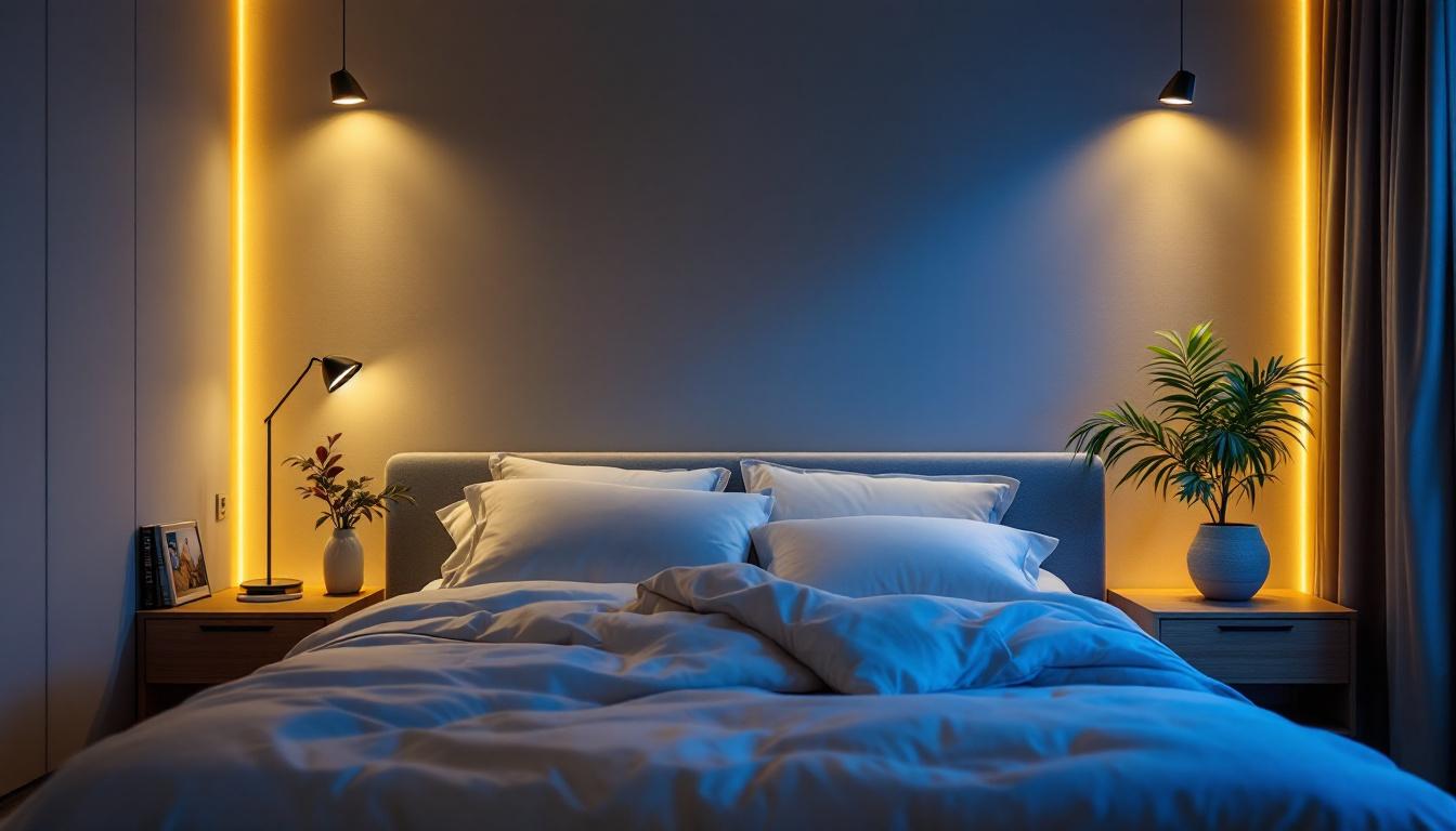 A photograph of a well-designed bedroom featuring sleek recessed lighting that highlights the room's aesthetics and functionality