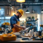A photograph of a lighting contractor in action