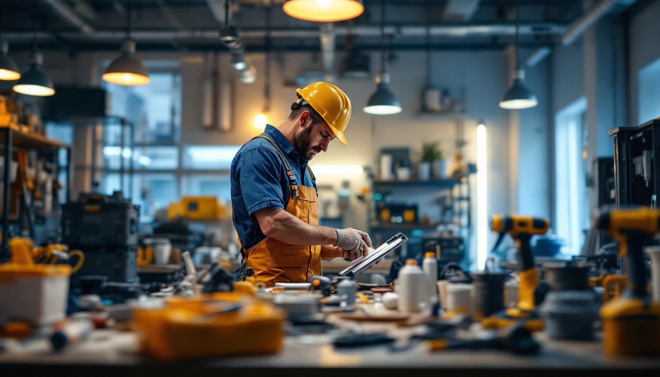 A photograph of a lighting contractor in action