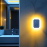 A photograph of a sleek bathroom featuring a modern motion sensor light switch in action