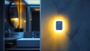 A photograph of a sleek bathroom featuring a modern motion sensor light switch in action