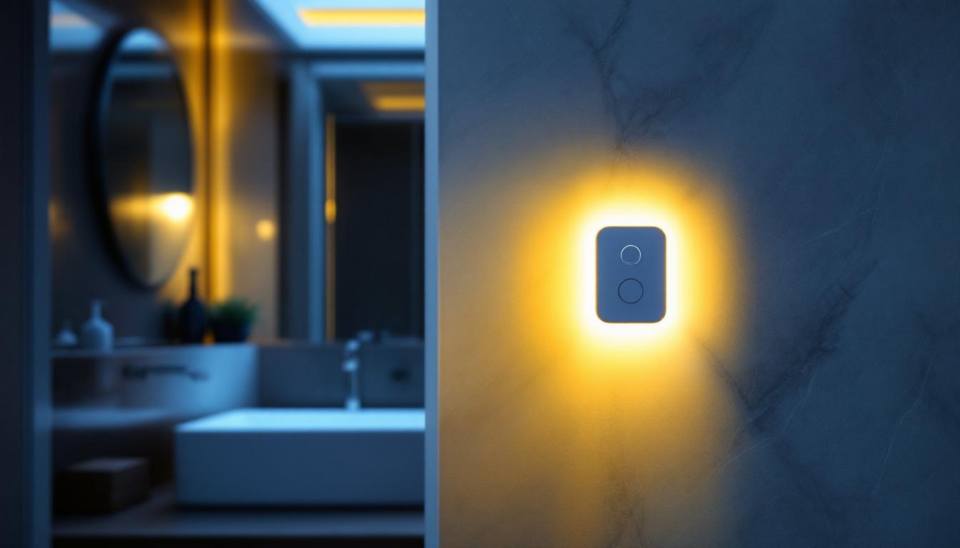 A photograph of a sleek bathroom featuring a modern motion sensor light switch in action