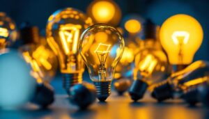 A photograph of a close-up of various energy-efficient lamp bulbs