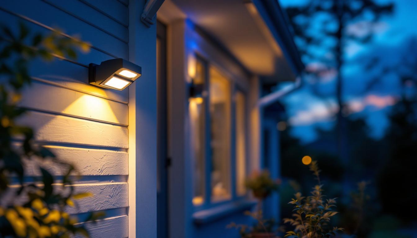 A photograph of a well-lit porch featuring a modern photocell light in action during dusk