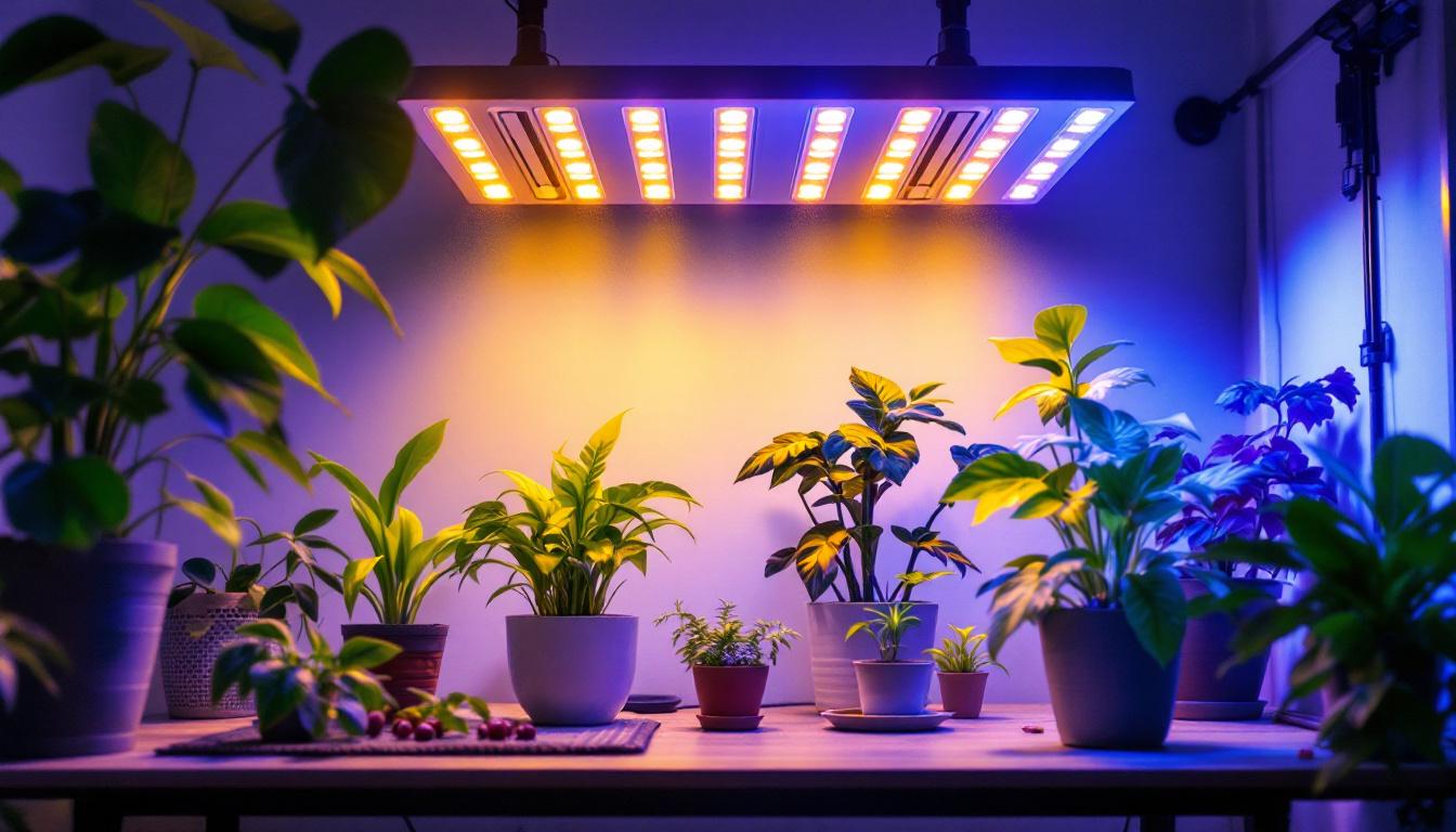 A photograph of a well-lit indoor gardening space featuring various plants under vibrant 12v grow lights