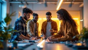 A photograph of a team of diverse individuals engaged in a hands-on training session