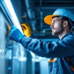 A photograph of a skilled lighting contractor working with fluorescent lights in a modern workspace