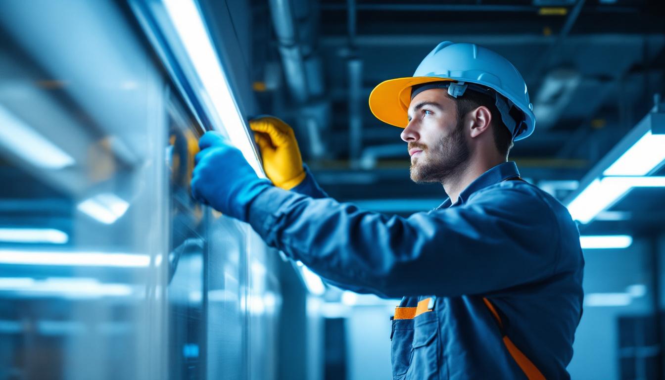 A photograph of a skilled lighting contractor working with fluorescent lights in a modern workspace