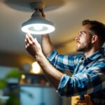 A photograph of a skilled lighting contractor installing or adjusting a sleek