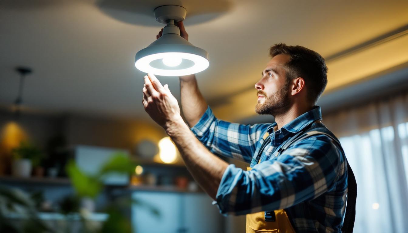 A photograph of a skilled lighting contractor installing or adjusting a sleek