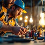 A photograph of a skilled electrician using a variety of high-quality electrical hand tools in a well-lit