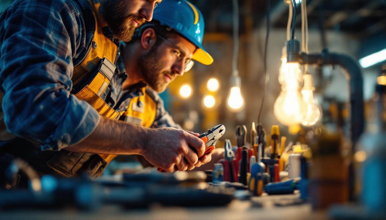 A photograph of a skilled electrician using a variety of high-quality electrical hand tools in a well-lit