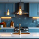 A photograph of a beautifully styled kitchen island featuring elegant pendant lights