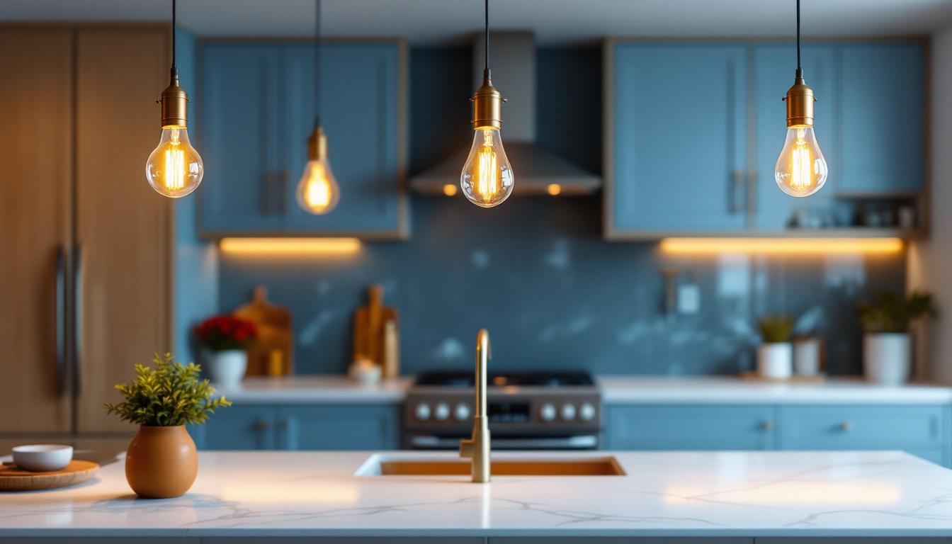 A photograph of a beautifully styled kitchen island featuring elegant pendant lights