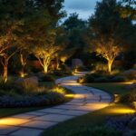 A photograph of a beautifully landscaped outdoor space illuminated by solar uplights at dusk