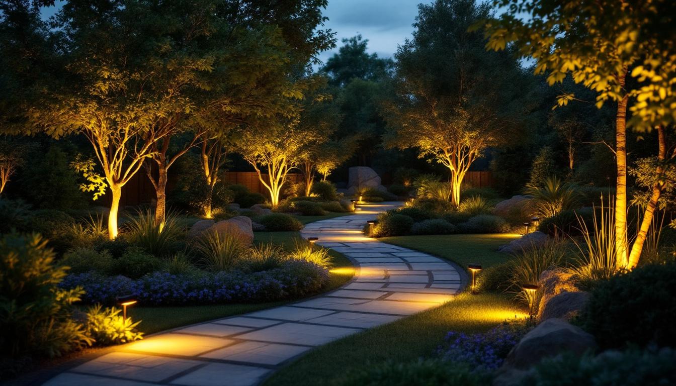 A photograph of a beautifully landscaped outdoor space illuminated by solar uplights at dusk