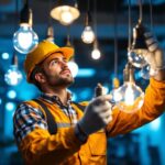 A photograph of a lighting contractor expertly installing a variety of led lamps in different shapes and designs