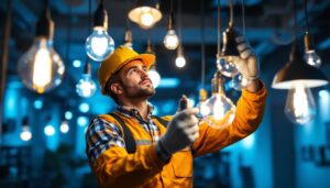 A photograph of a lighting contractor expertly installing a variety of led lamps in different shapes and designs
