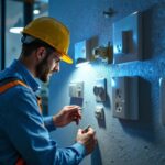 A photograph of a skilled lighting contractor installing or inspecting various styles of electrical outlets in a well-lit