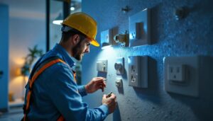 A photograph of a skilled lighting contractor installing or inspecting various styles of electrical outlets in a well-lit