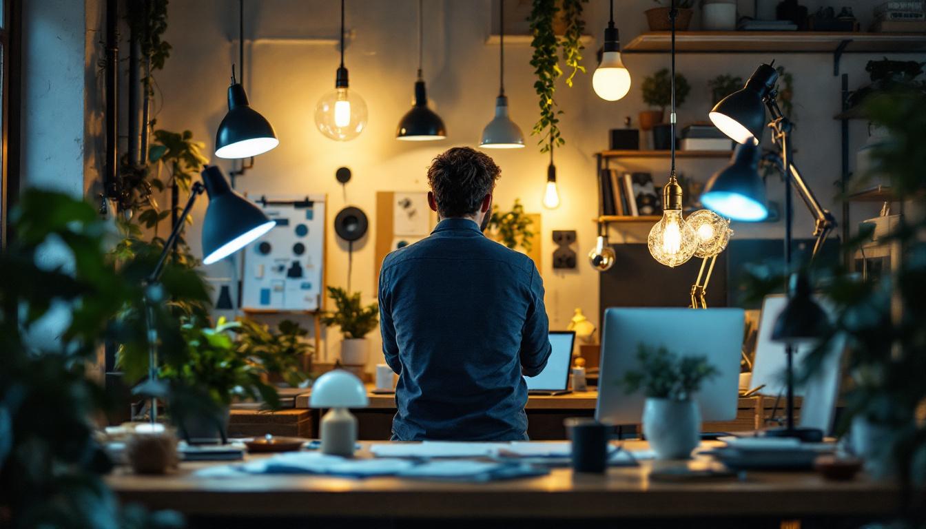A photograph of a well-lit workspace featuring a variety of stylish yet inexpensive lamps