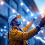 A photograph of a lighting contractor installing or showcasing 100-foot led lights in a commercial or outdoor setting