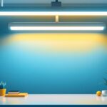 A photograph of a well-lit workspace featuring an 8 ft fluorescent light fixture with a visible ballast