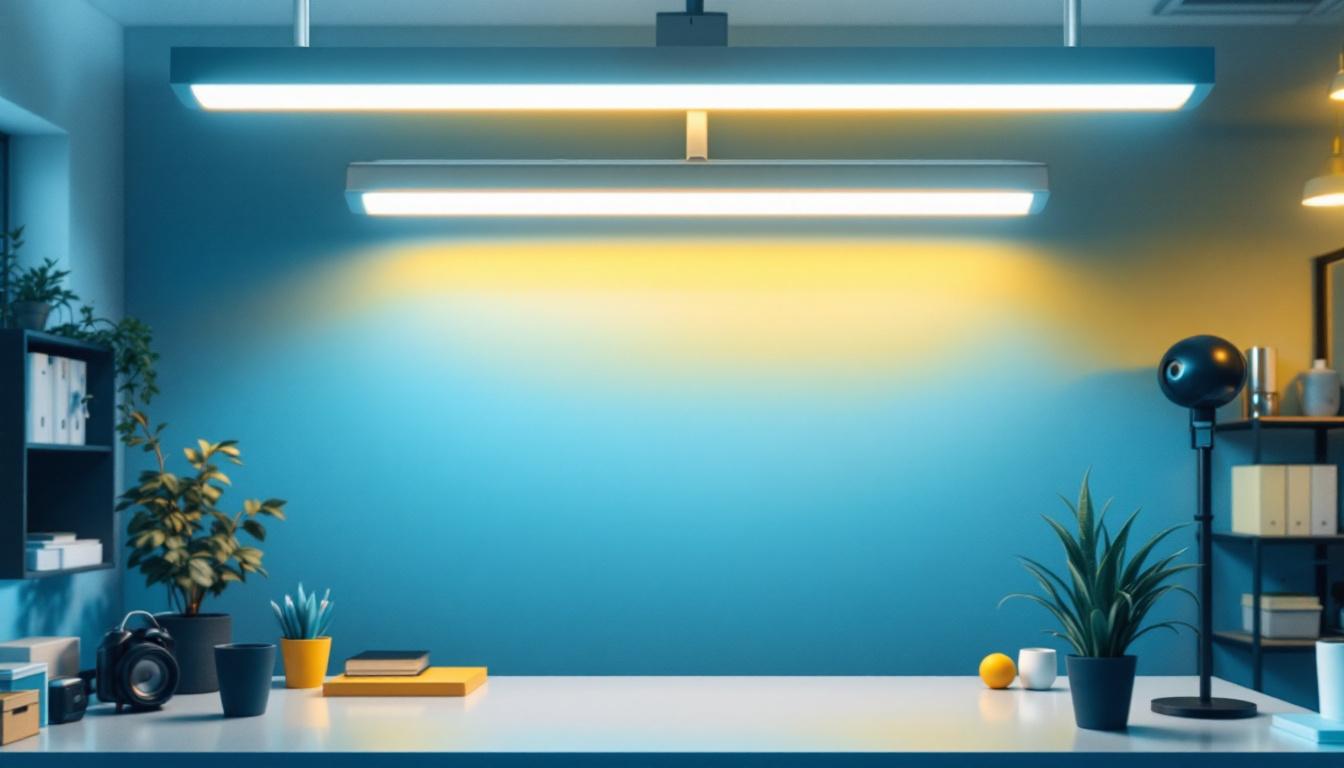 A photograph of a well-lit workspace featuring an 8 ft fluorescent light fixture with a visible ballast