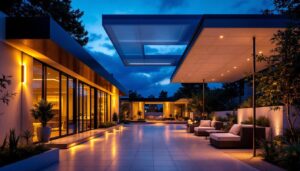A photograph of a beautifully designed outdoor space featuring stylish led ceiling lighting