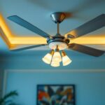A photograph of a beautifully designed ceiling fan in an elegantly lit room