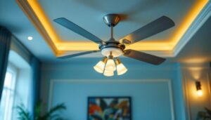 A photograph of a beautifully designed ceiling fan in an elegantly lit room