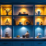A photograph of a beautifully lit cupboard showcasing various lighting techniques