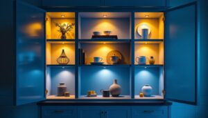 A photograph of a beautifully lit cupboard showcasing various lighting techniques
