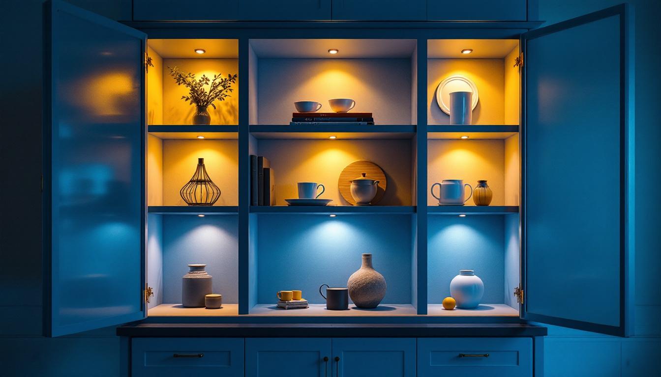 A photograph of a beautifully lit cupboard showcasing various lighting techniques