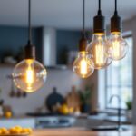 A photograph of a beautifully designed 4-light pendant fixture hanging in a modern kitchen or dining space