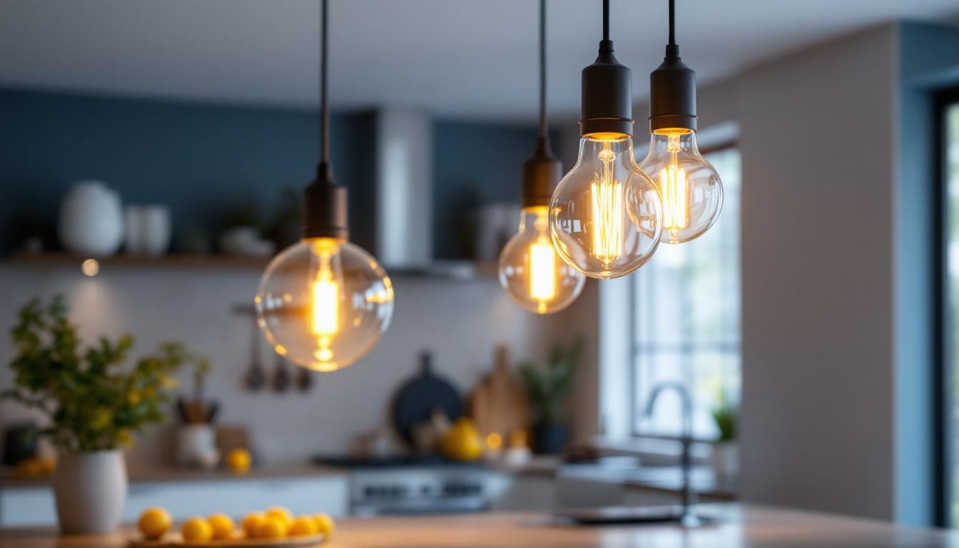 A photograph of a beautifully designed 4-light pendant fixture hanging in a modern kitchen or dining space