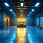 A photograph of a well-lit garage showcasing various modern lighting installations