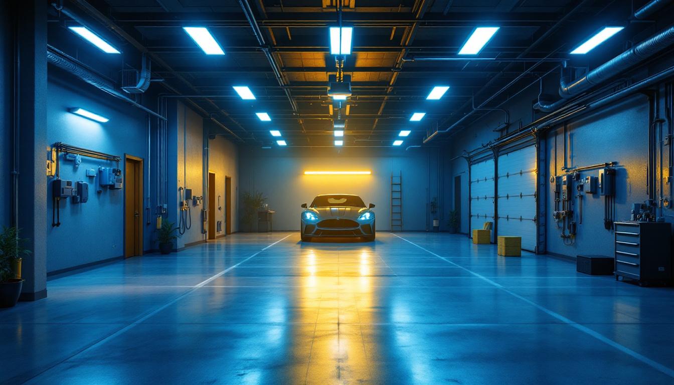 A photograph of a well-lit garage showcasing various modern lighting installations