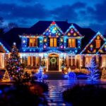 A photograph of a beautifully decorated house illuminated with vibrant christmas projector lights