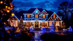 A photograph of a beautifully decorated house illuminated with vibrant christmas projector lights