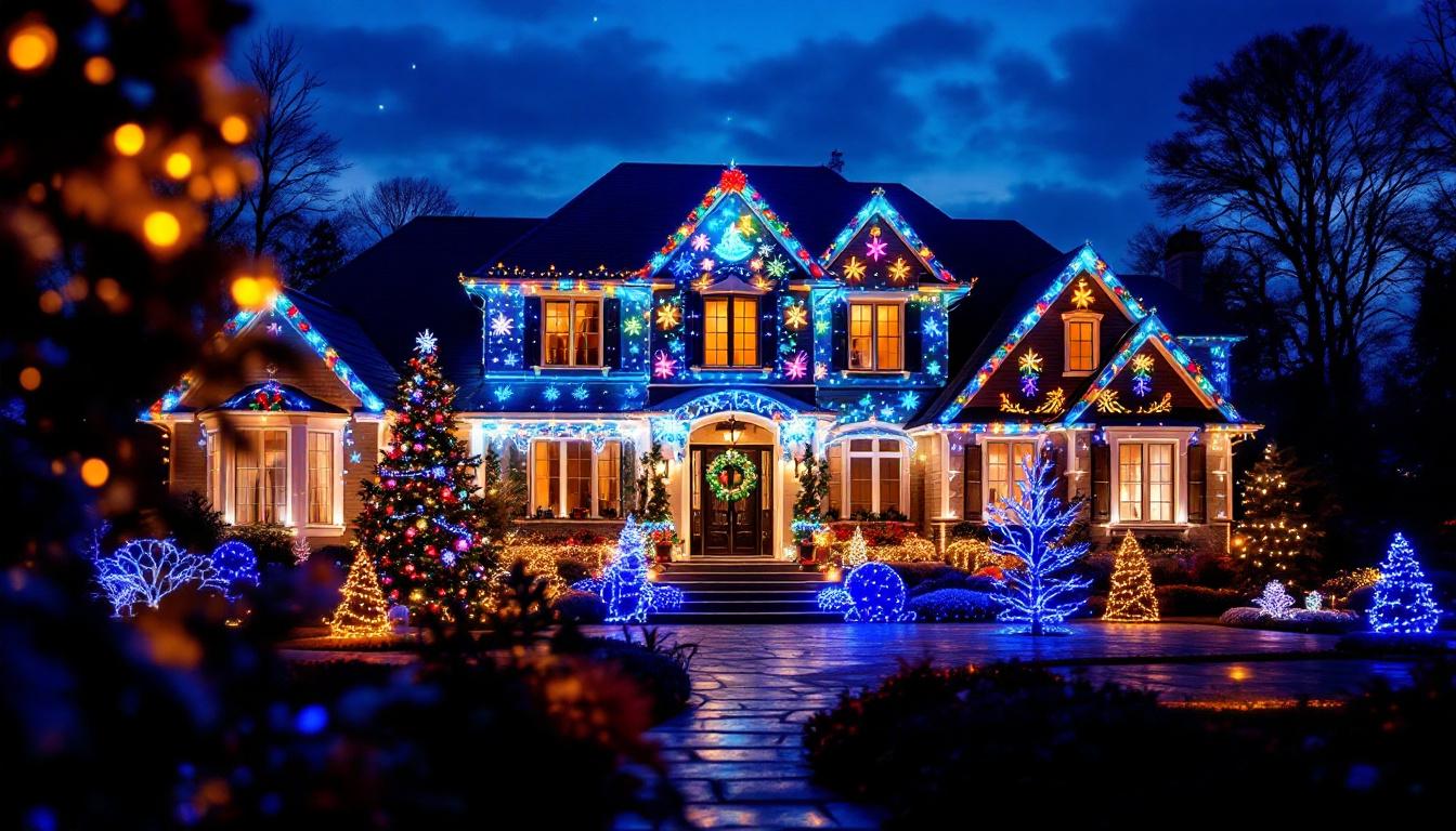 A photograph of a beautifully decorated house illuminated with vibrant christmas projector lights