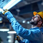 A photograph of a lighting contractor skillfully installing or adjusting t5ho fixtures in a well-lit commercial or residential space