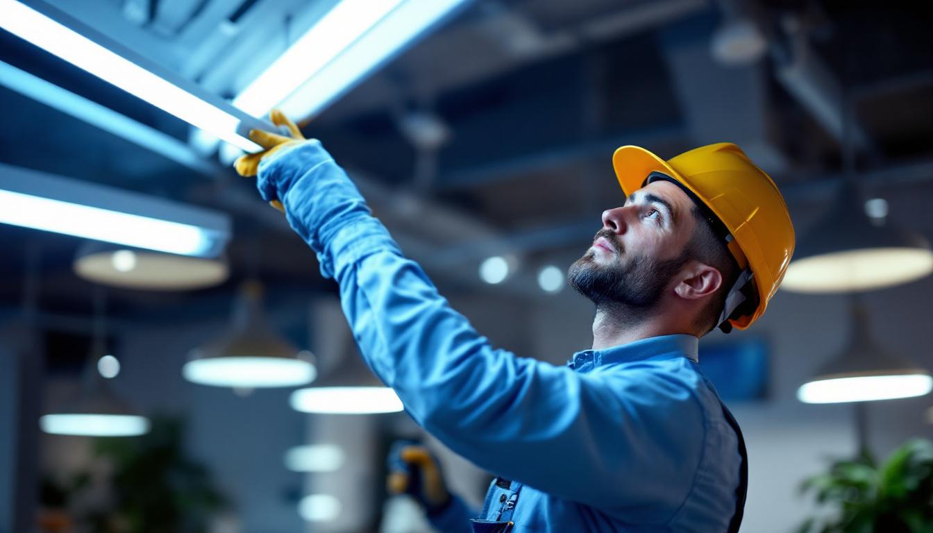 A photograph of a lighting contractor skillfully installing or adjusting t5ho fixtures in a well-lit commercial or residential space