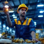A photograph of a lighting contractor working efficiently in a well-lit industrial space