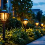 A photograph of a beautifully landscaped outdoor space illuminated by elegant bronze solar lights at dusk