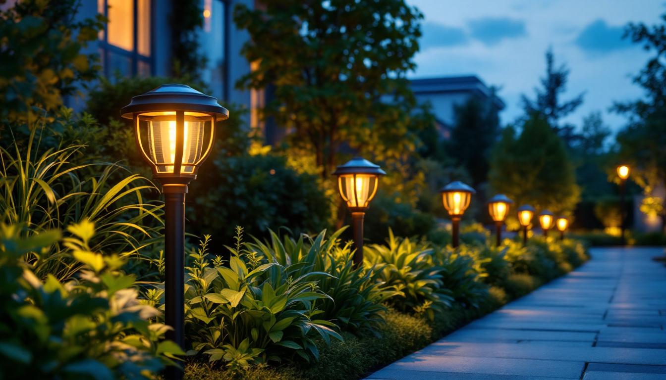 A photograph of a beautifully landscaped outdoor space illuminated by elegant bronze solar lights at dusk
